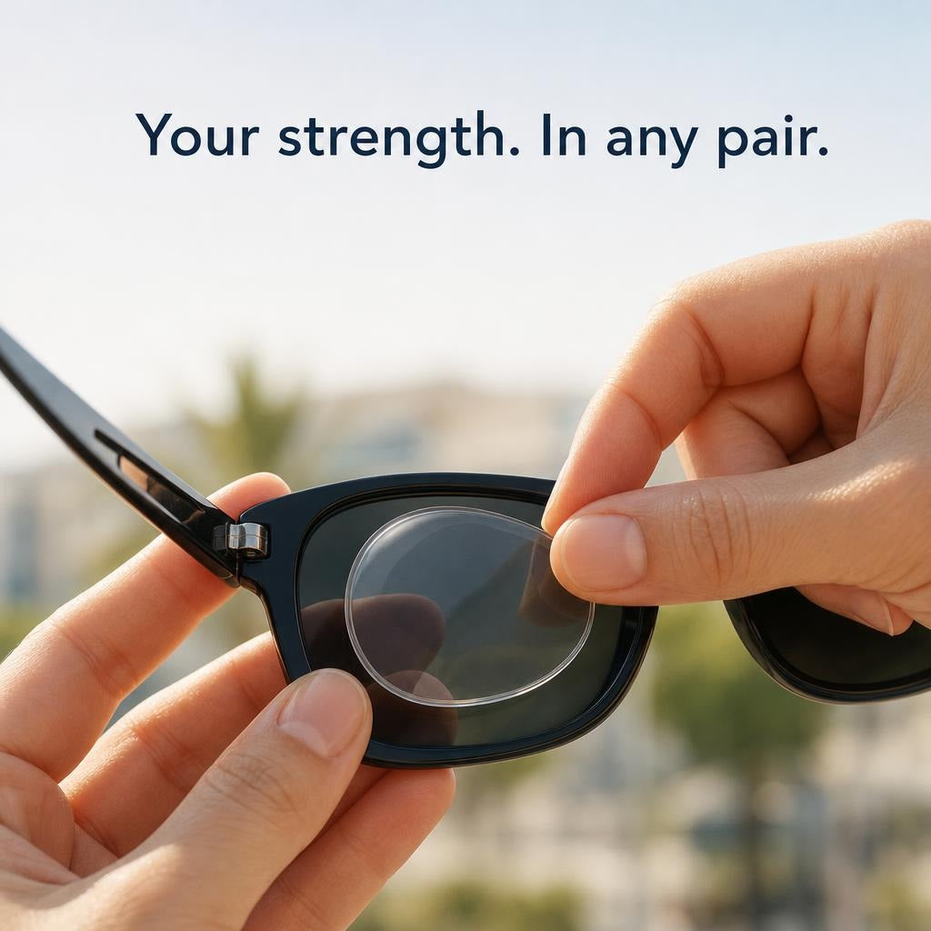 Clear stick-on lens being pressed inside a pair of sunglasses