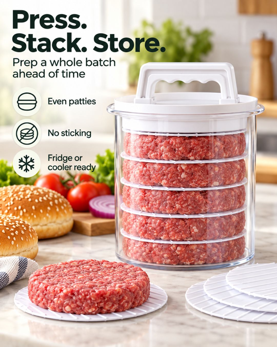 Burger Press Set | Eight Even Patties, Stacked and Ready to Grill
