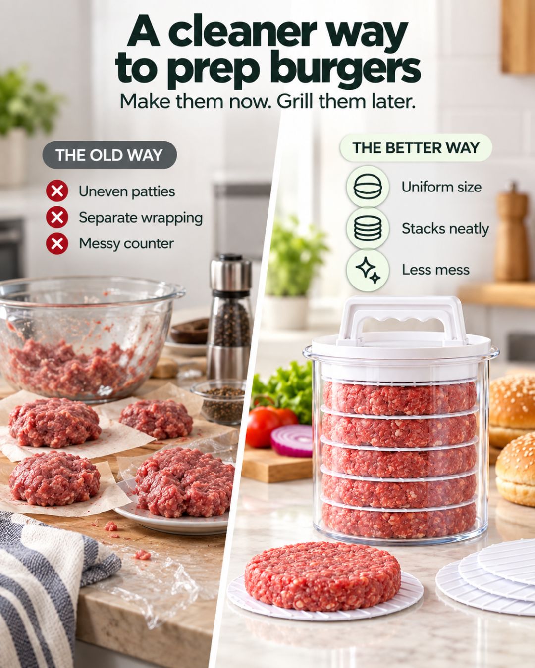 Burger Press Set | Eight Even Patties, Stacked and Ready to Grill