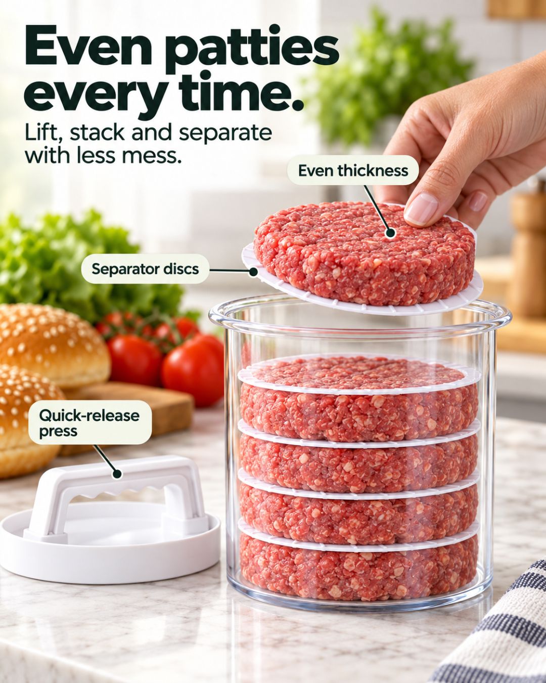Burger Press Set | Eight Even Patties, Stacked and Ready to Grill