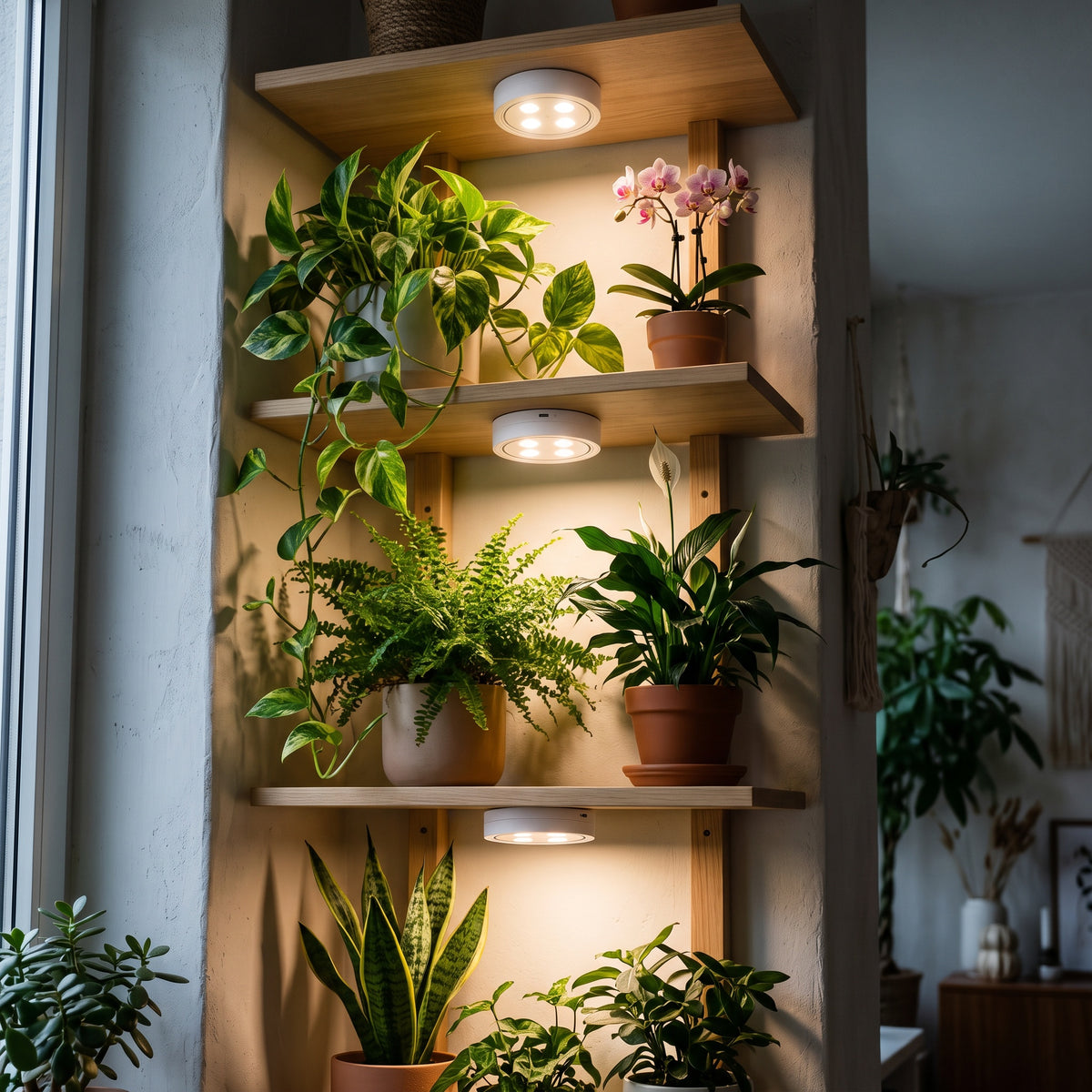 Three cordless plant lights on a plant shelf