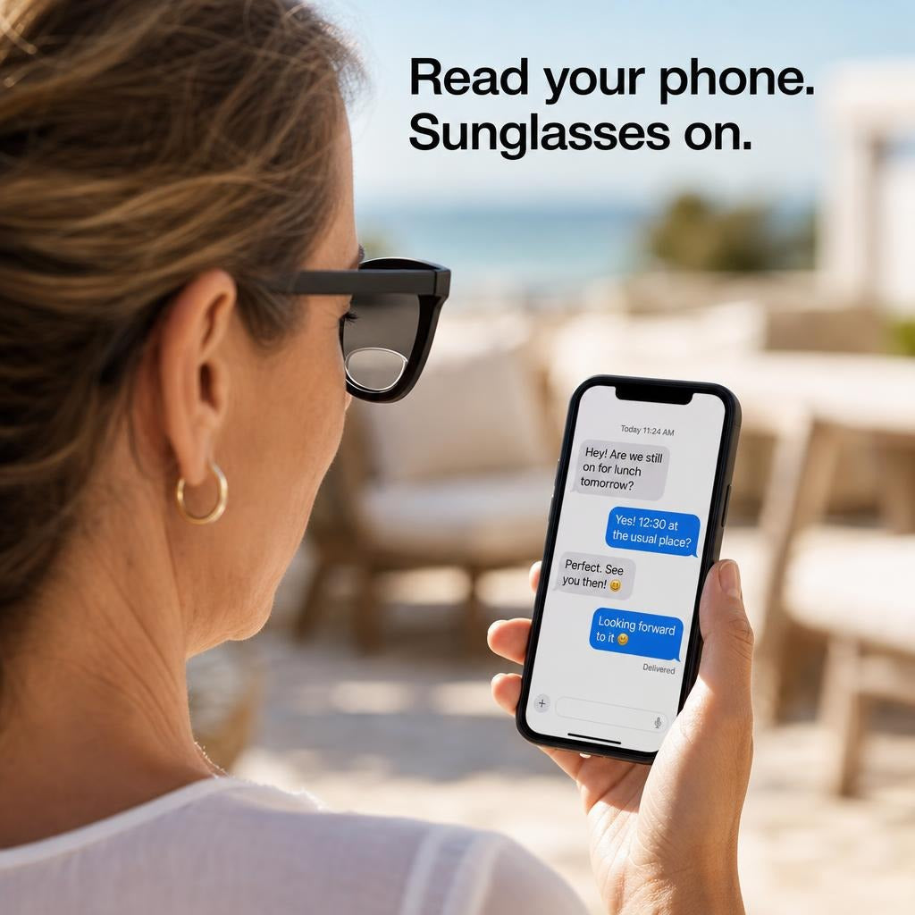 Reading a phone with sunglasses on