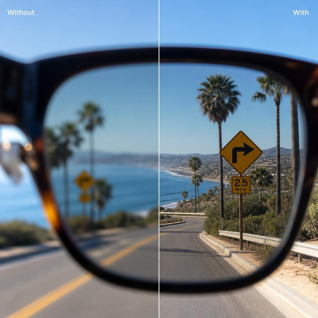 View through sunglasses without and with the lens