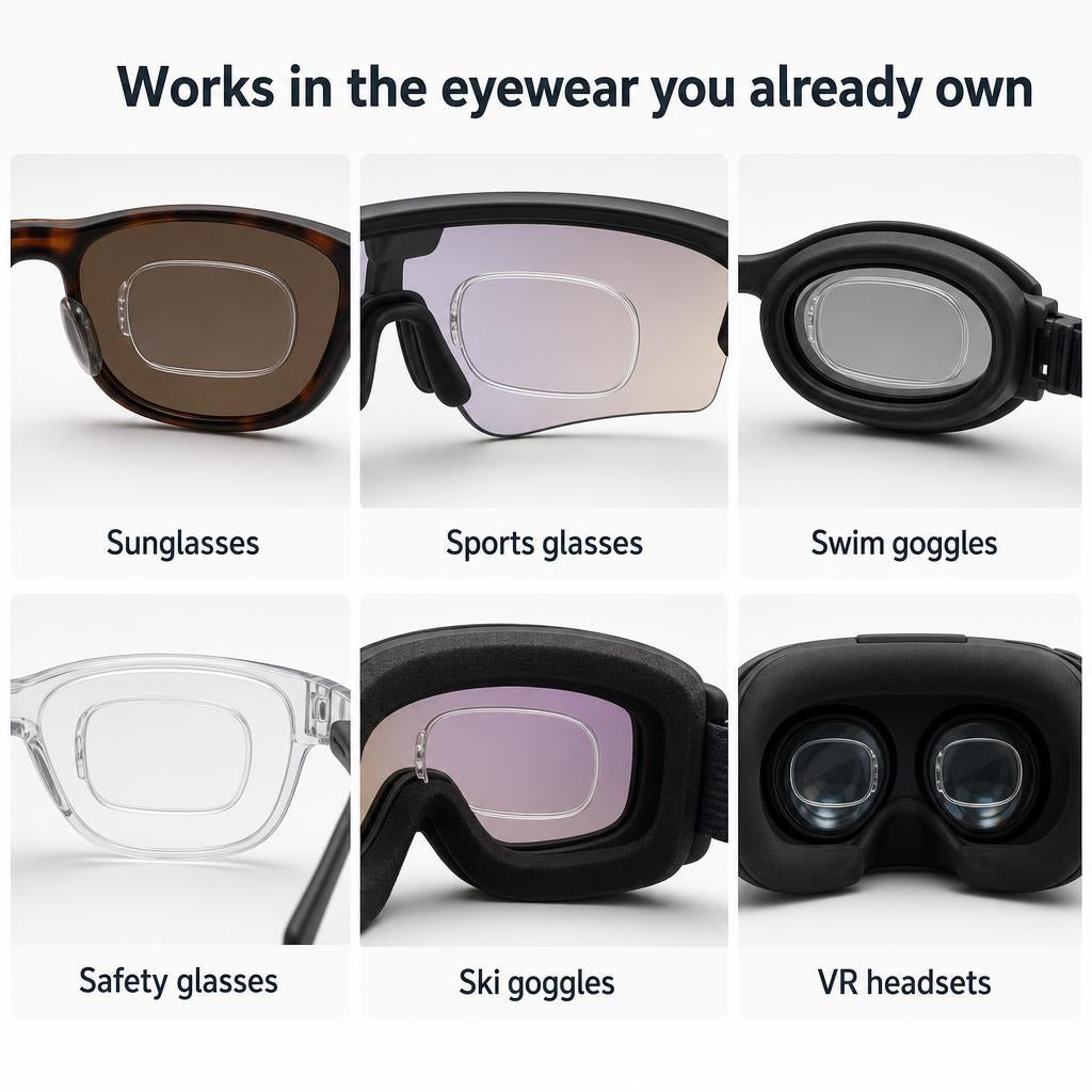 Works in sunglasses, sports glasses, goggles and VR headsets