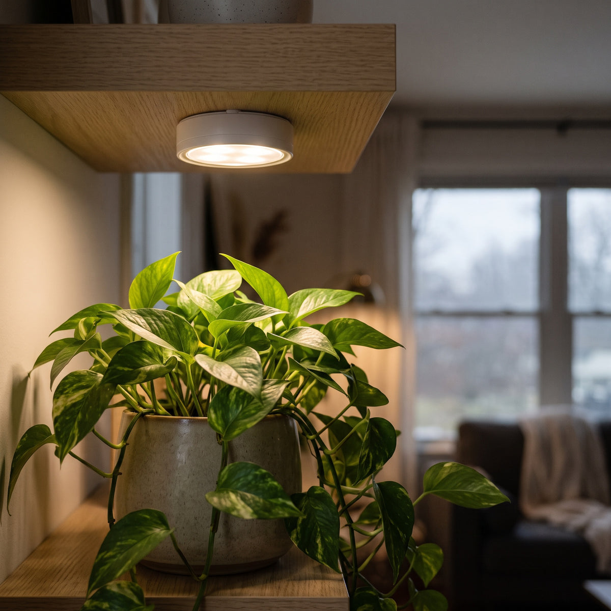 Cordless plant light under a shelf lighting a pothos