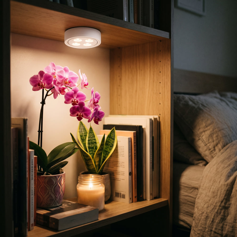 Plant light on a bedroom shelf with an orchid
