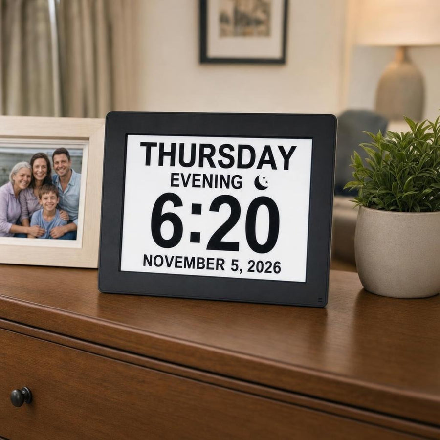Day clock on a dresser in an assisted living room