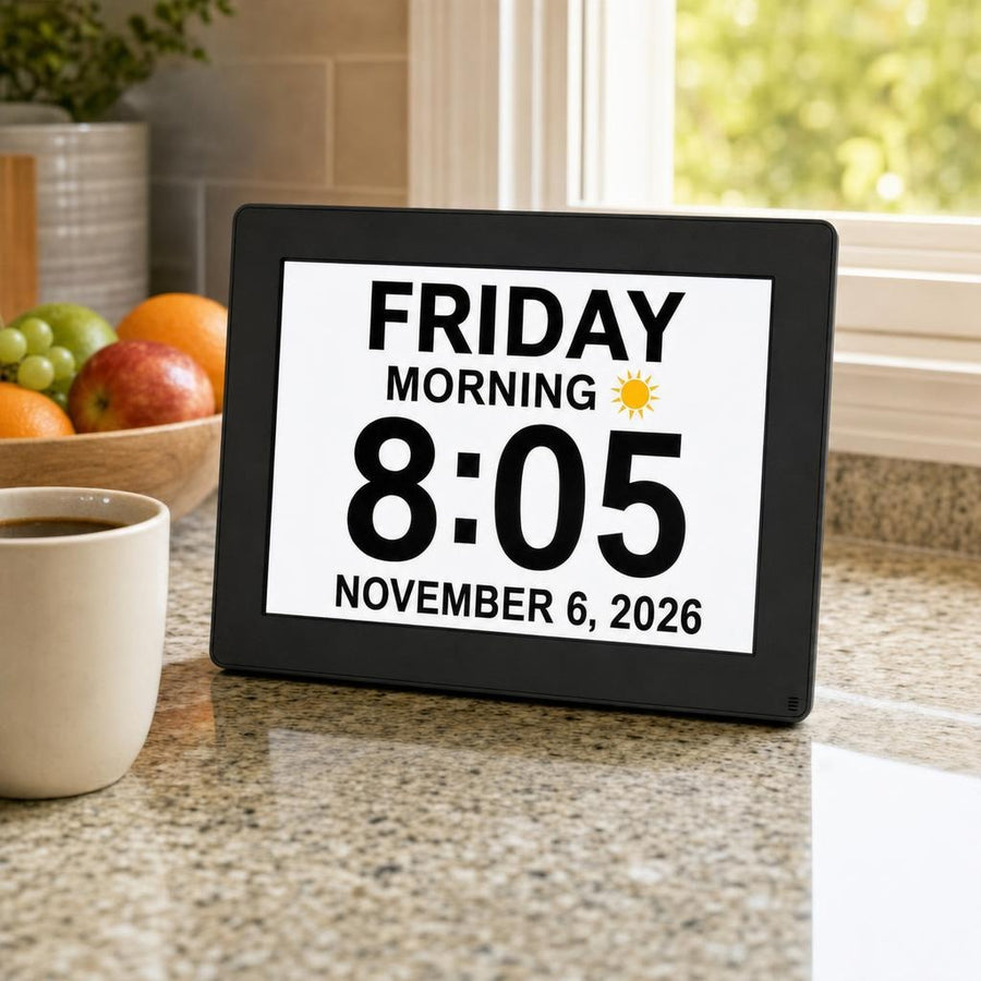 Day clock on a kitchen counter