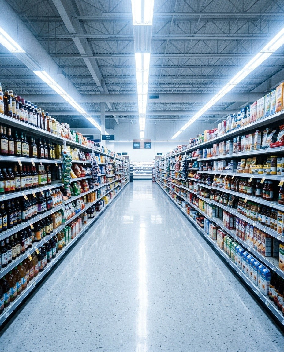 Bright store aisle without the lens
