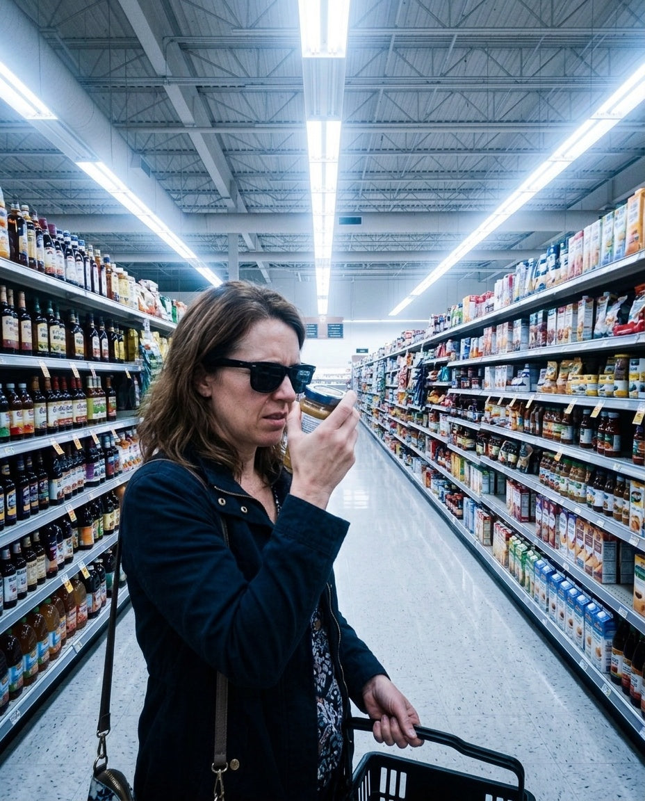 Wearing dark sunglasses inside a store