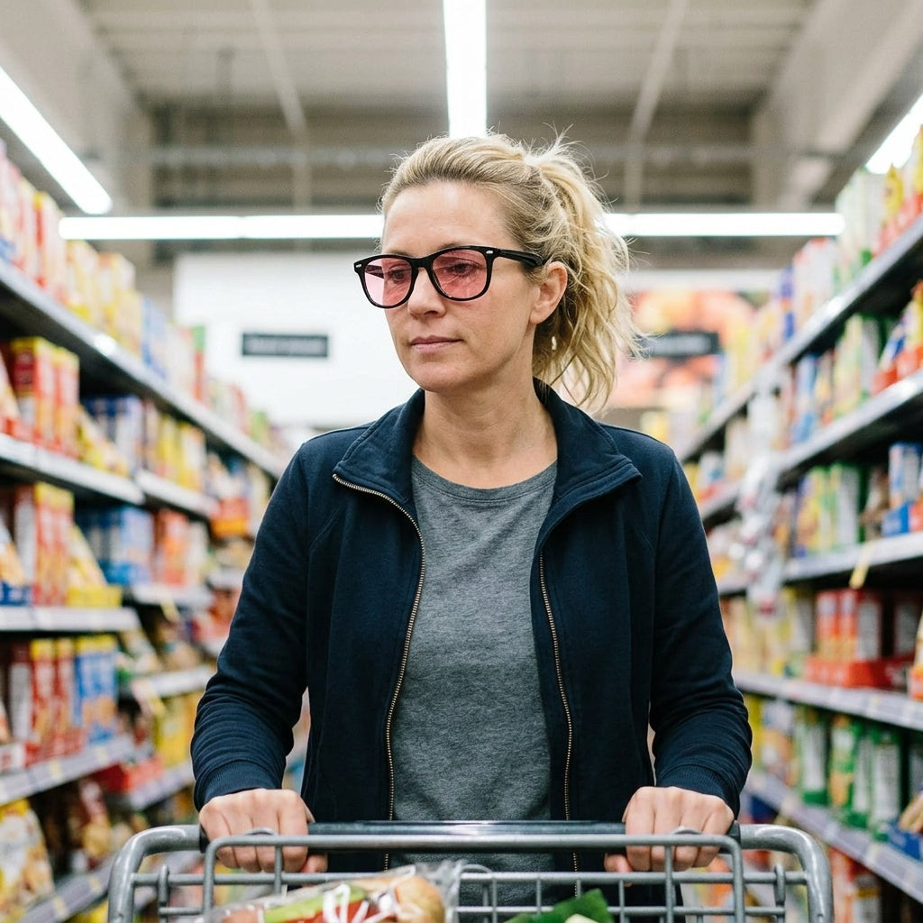 Wearing the glasses in a bright supermarket